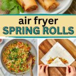Collage showing steps to make air fryer spring rolls: a plate of crispy golden rolls, vibrant vegetables sizzling in a pan, hands skillfully wrapping a roll, rolls perfectly arranged in an air fryer basket, and the final result—delectable air fryer spring rolls ready to enjoy. Text overlay reads "air fryer SPRING ROLLS".