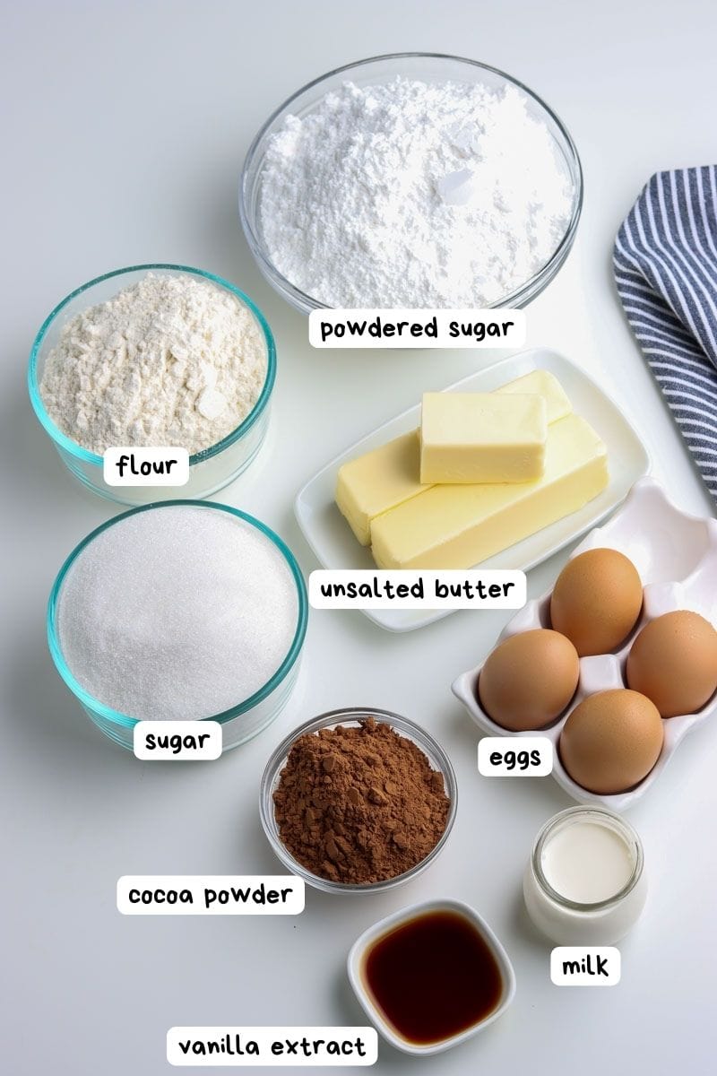 A flat lay of baking ingredients includes bowls of powdered sugar, flour, sugar, cocoa powder, eggs, vanilla extract, unsalted butter sticks, and a small jug of milk.