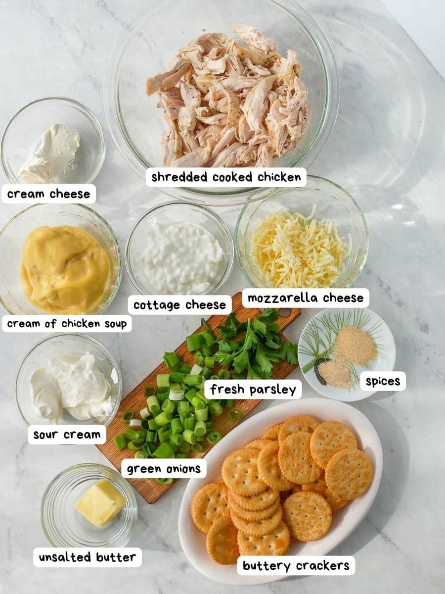 Various ingredients labeled for a recipe, including shredded chicken, cheeses, spices, crackers, and vegetables on a marble surface.