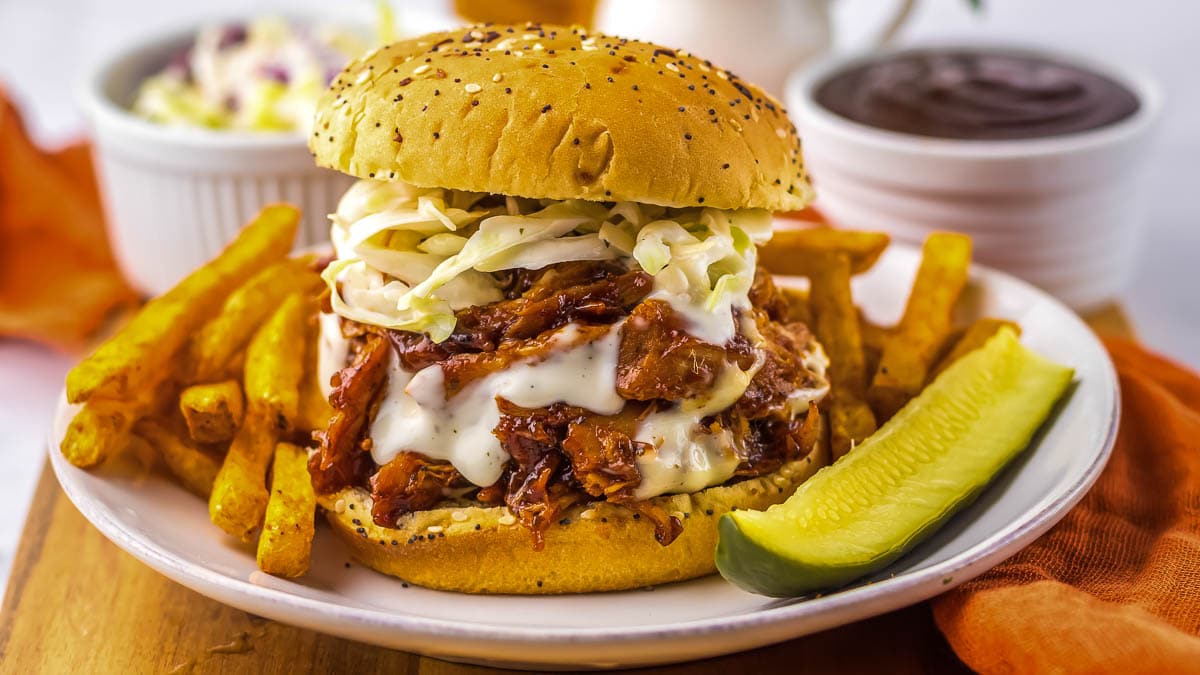 A pulled pork sandwich topped with coleslaw on a seeded bun, served with French fries and a pickle spear on a white plate, accompanied by small bowls of coleslaw and sauce in the background.
