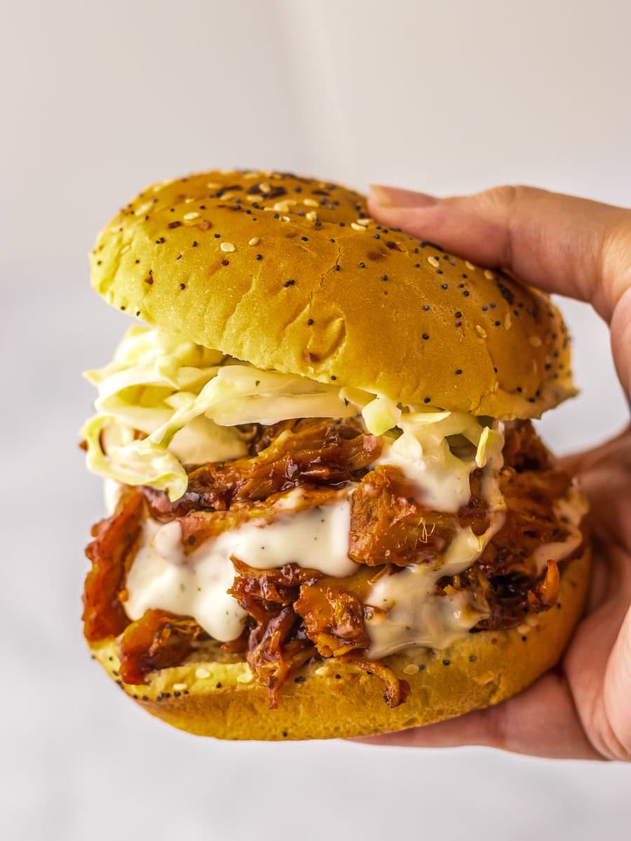 A hand holding a burger with a poppy seed bun, filled with shredded meat, coleslaw, and sauce.