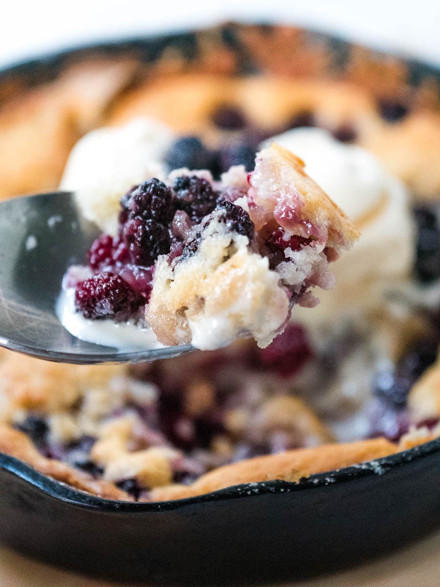 A close-up of a spoon holding a bite of cobbler topped with ice cream, showing the mixture of dough and berries. A cast iron pan with the remaining cobbler is visible in the background.