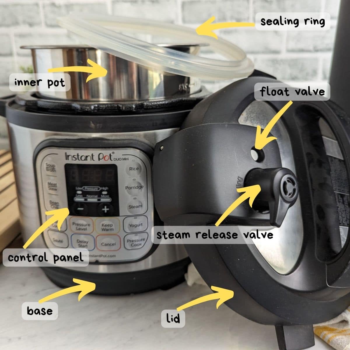 Labeled parts of an Instant Pot Duo in the image: control panel, base, inner pot, lid, sealing ring, float valve, and steam release valve.